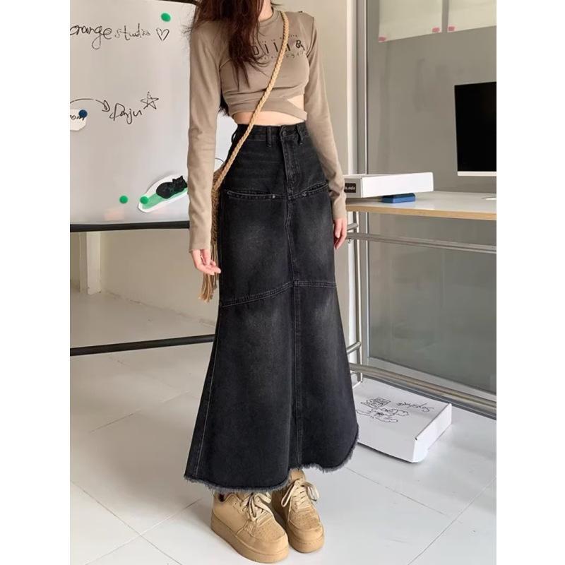 スカート レディース Aラインスカート デニム ミモレ丈 ハイウエスト スリット 黒 綿 快適 伸縮性