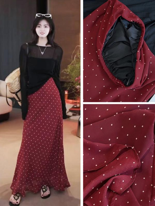 スカート レディース 包臀 半身スカート 波点柄 ミモレ丈 レトロ風 ハイウエスト シフォン ロングスカート ポリエステル 酒レッド M L ..