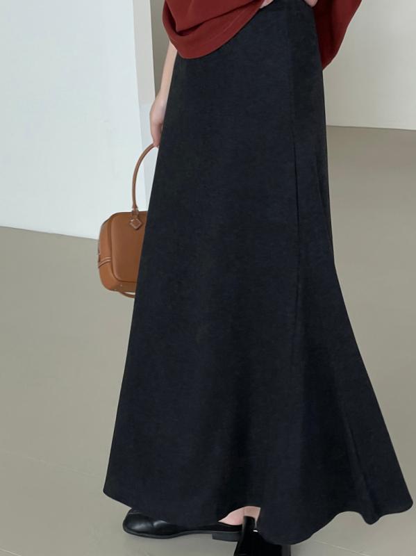 ニットスカート レディース 魚尾スカート ポリエステル混紡 ハイウエスト ロングスカート 黒 ブラック 深グレー 杏色 オートミールカラー 韓国ファッション