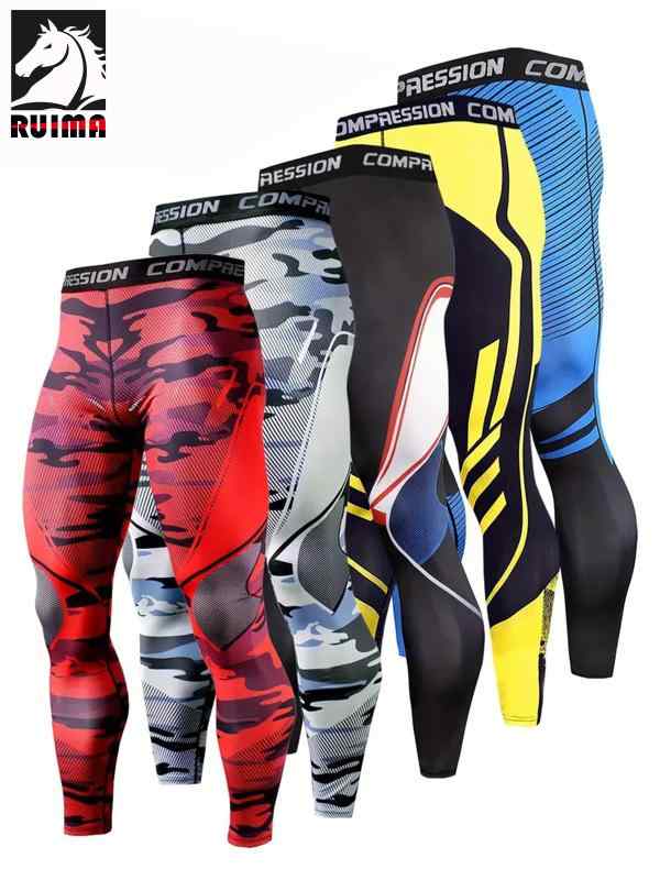 スポーツタイツ メンズ 高弾性 速乾 通気性 プリント ランニング トレーニング ロングパンツ バスケットボール サッカー スポーツ レギンス スパッツ ポリエステル 黄色 ブルー レッド 迷彩柄 ライン