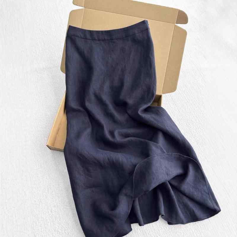 スカート レディース 亜麻 Aライン ロング 高腰 魚尾 紺色 無地 薄手 通勤 通年 伸縮性 エレガント