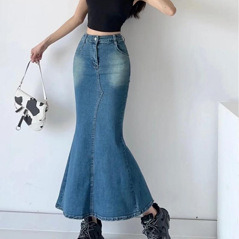 Miniskirt - スカート レディース デニム ロングスカート 春秋 高見え スリット入り マーメイド 美脚 脚長効果 黒 紺 カジュアル 韓国風