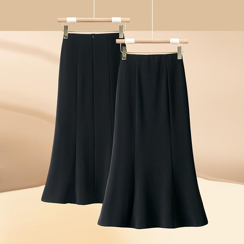 スカート レディース 黒 無地 ハイウエスト 膝下丈 マーメイドスカート 春秋物 セミフレアスカート