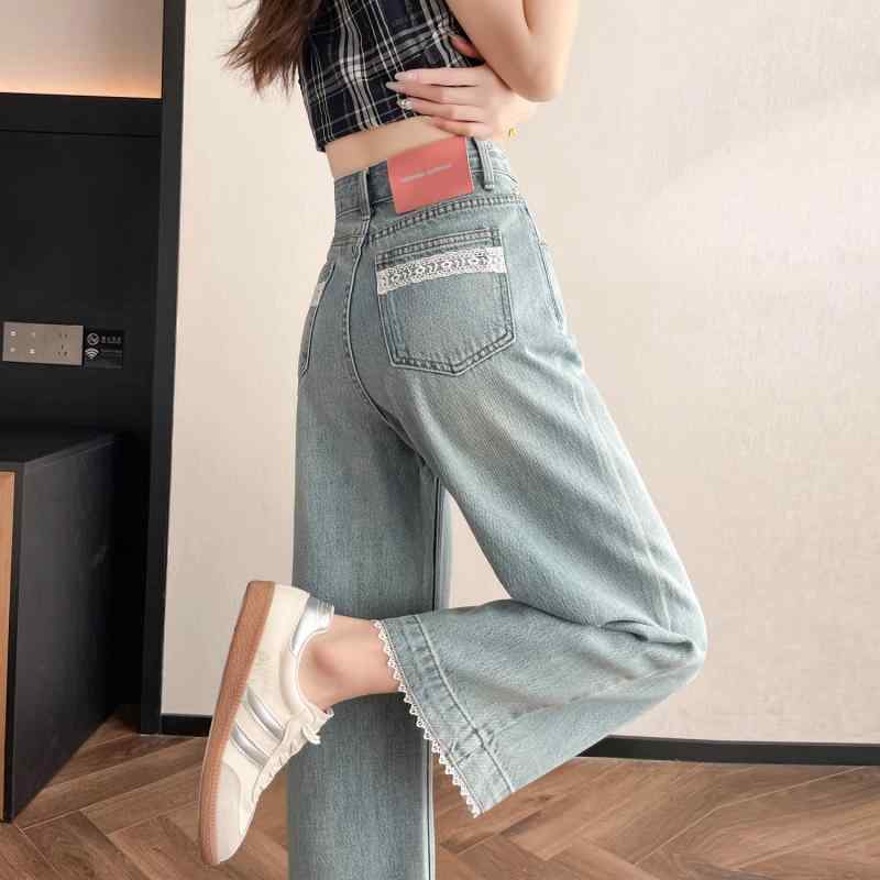 デニムパンツ レディース レース フリル ワイドパンツ ジーパン クロップドパンツ ハイウエスト 九分丈 薄手 伸縮 ストレッチ 楽ちん ゆったり 美脚 脚長効果 着痩せ 体型カバー 春 夏 ブルー ライトブルー カジュアル お出かけ 通勤 30代 shadowtail-11308180 シャドーテール パッケージ画像