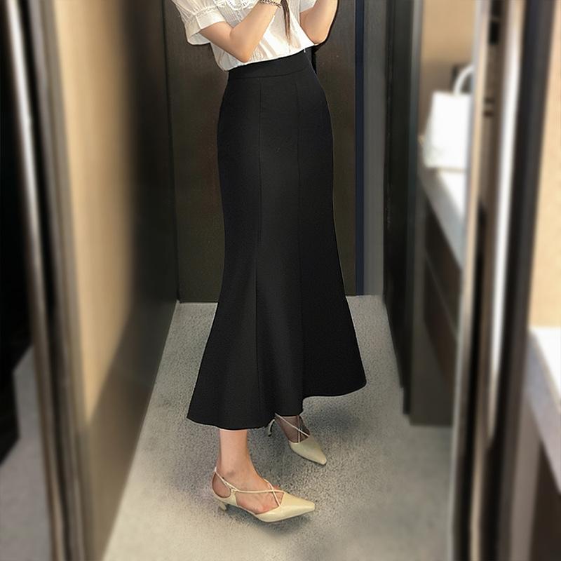 スカート レディース 高見え 魚尾スカート マーメイドスカート ひざ下丈 ミモレ丈 ハイウエスト 無地 黒 ブラック ポリエステル 伸縮性 ストレッチ 通勤 オフィス きれいめ