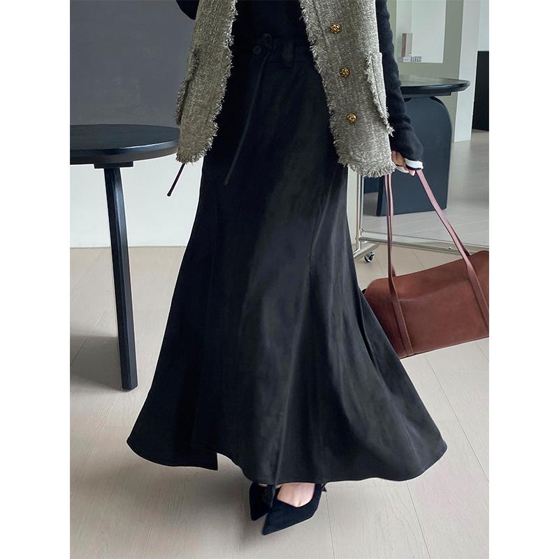 スカート レディース 高見え スエード 魚尾スカート ロングスカート ハイウエスト 美脚 着痩せ チョコレート色 黒 M L 秋冬