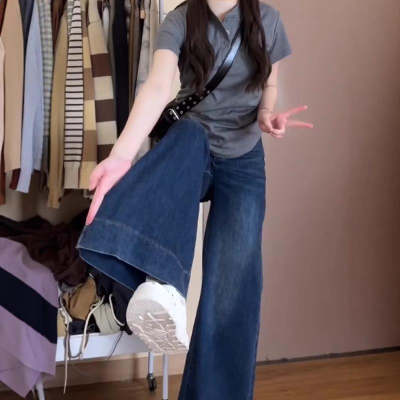 レディース デニムパンツ 春夏 復古風 ワイドレッグ ハイウエスト 直筒 ミディム コットン ポリエステル 混紡 ライトブルー ポケット ..