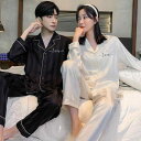 パジャマ レディース メンズ 春秋 接触冷感 長袖 長ズボン シルク風 ルームウェア 上下セット 夫婦 ペアルック M007猫 M007黒色ドッグストライプ A...