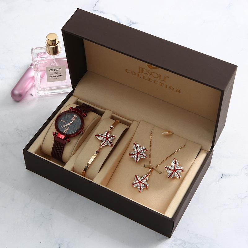 腕時計 レディース クォーツ アナログ 防水 ブレスレット 5点セット ファッション ウォッチ 女性用 おしゃれ かわいい ラインストーン付き 軽量 スリム 韓国風 カジュアル 白 ホワイト 赤 レッド 黒 ブラック