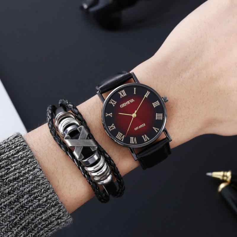 腕時計 メンズ 男性用 クォーツ アナログ カジュアル レザー ブレスレット セット 黒 ブラック 赤 レッド 緑 グリーン 青 ブルー