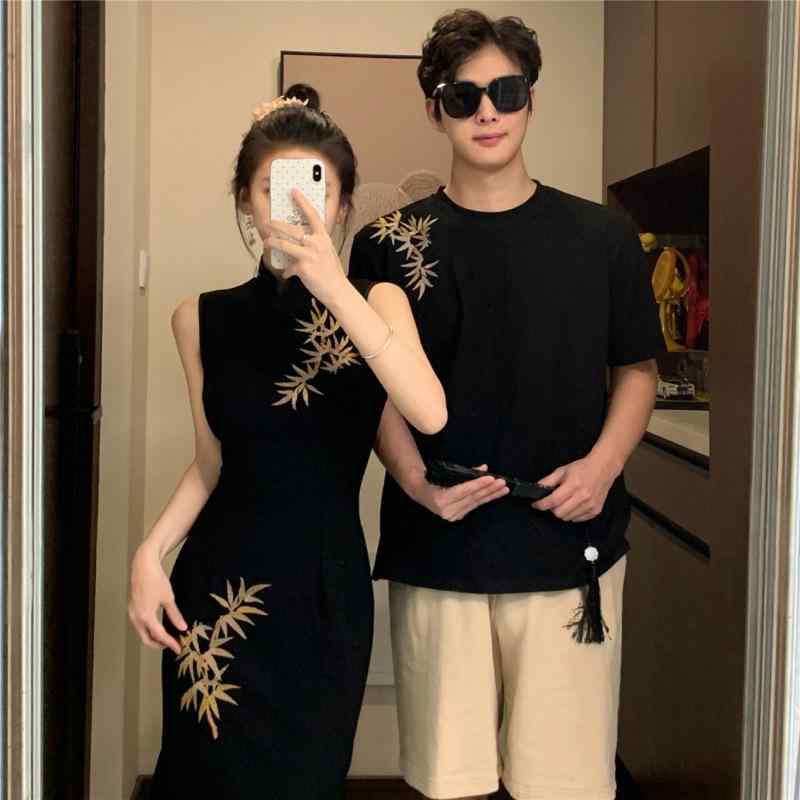 チャイナドレス レディース 新中式 改良 ワンピース メンズ 半袖 短パン カップル ペアルック 再生繊維..