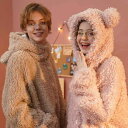 ルームウェア レディース 秋冬 パジャマ ワンピース 厚手 暖かい 部屋着 テディベア風 珊瑚フリース バスローブ 女性用 S M L ピンク系 カーキ