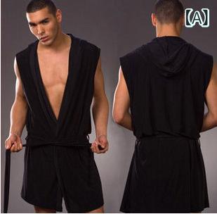 バスローブ メンズ 男性用 袖なし 再生繊維 シルク風 薄手 フード付き 寝間着 部屋着 リラックス ウェ..