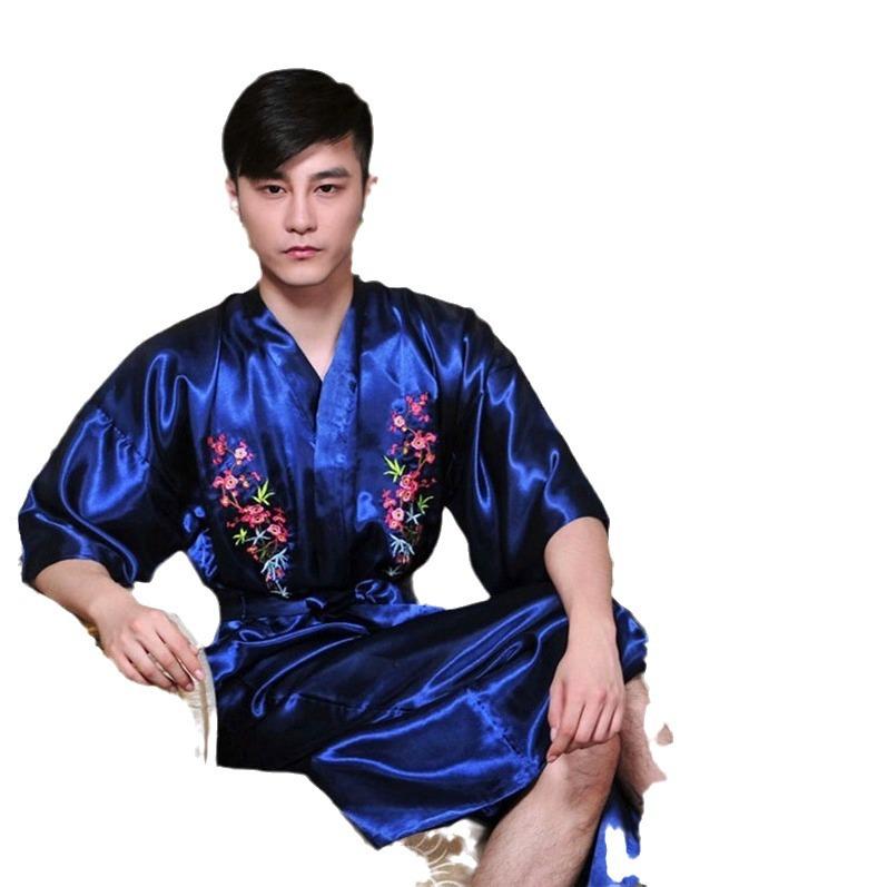 パジャマ メンズ 唐装 シルク 快適 刺繡 ドラゴン 和風 バスローブ 寝間着 ルームウェア 赤 紺 黒 青 ワインレッド 白 緑 ポリエステル
