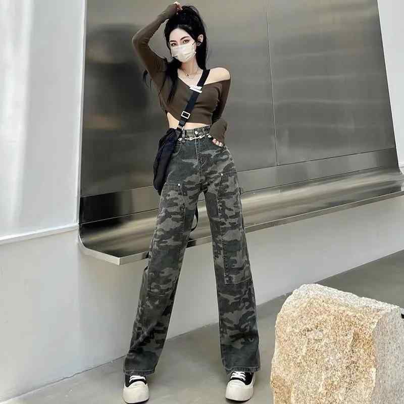 ワイドパンツ 女性用 迷彩デニム コットン素材 ハイウエスト ストレート 長丈 中厚 ポケット付き 春季 工装風 ストリートスタイル セクシー ルーズフィット 学生向け 普段使い 軽量 伸縮なし 切り替えデザイン トレンド