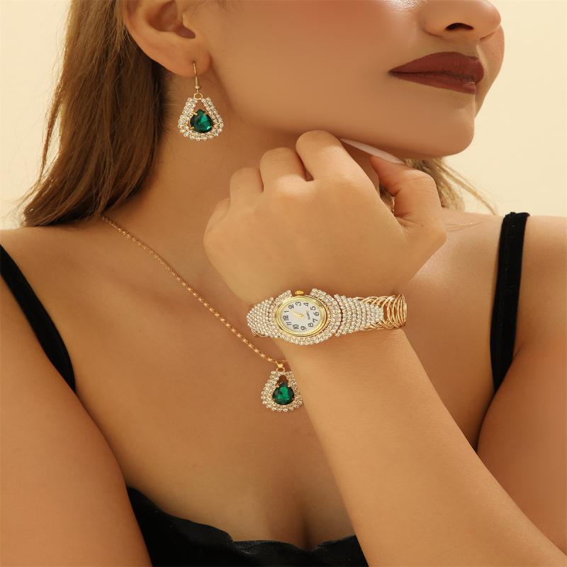 腕時計 レディース 水晶 キラキラ 水ドリル スクエア ネックレス イヤリング 指輪 3点セット グリーン ..