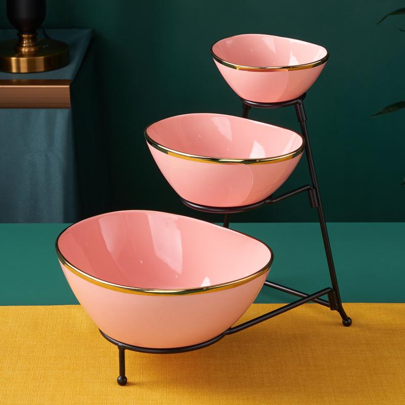 楽天シャドーテールフルーツボウル 陶器 北欧風 三段 元宝型 お菓子 果物 盛り付け 皿 白 黒 金 ピンク 赤 青 緑 シンプル