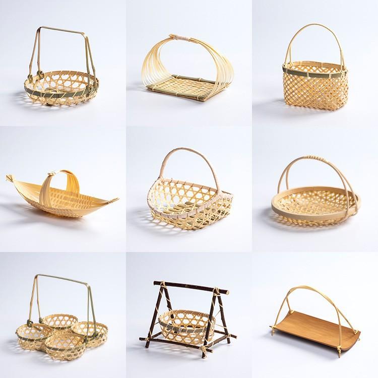 フルーツバスケット 竹編み 提籃 かご 菓子器 トレー 小物入れ 円形ハンドル 籐 ラタン 盛り付け 菓子盆 茶道具