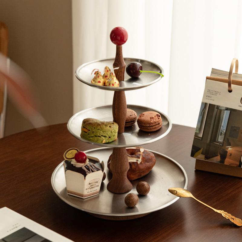 果物 菓子 皿 レディース ホーム パーティー 多層 ウッド ケーキ スタンド スナック 収納 ケース ステンレス スチール ティー セット アフタヌーン ティー おしゃれ