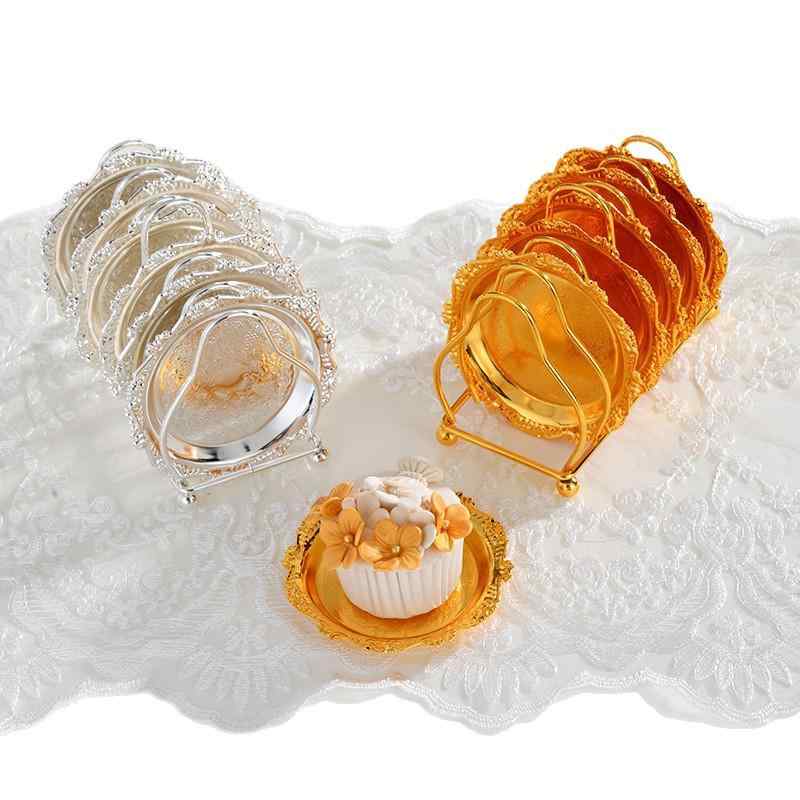 ケーキ皿 メタル エンボス加工 トレー レトロ ティーカップ トレイ アクセサリー 収納 プレート スナック ケーキ 4寸 10cm ゴールド シルバー