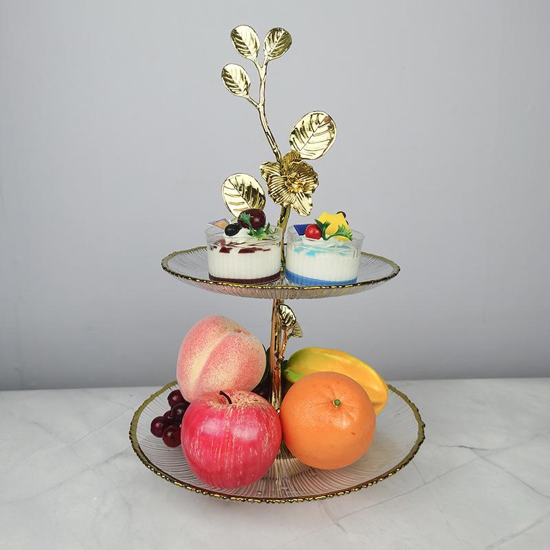 フルーツボウル ガラス製 メタル エレガント 2段ケーキスタンド 果物 菓子 デザート 小物入れ トレー プレート インテリア ディスプレイ ホームパーティー