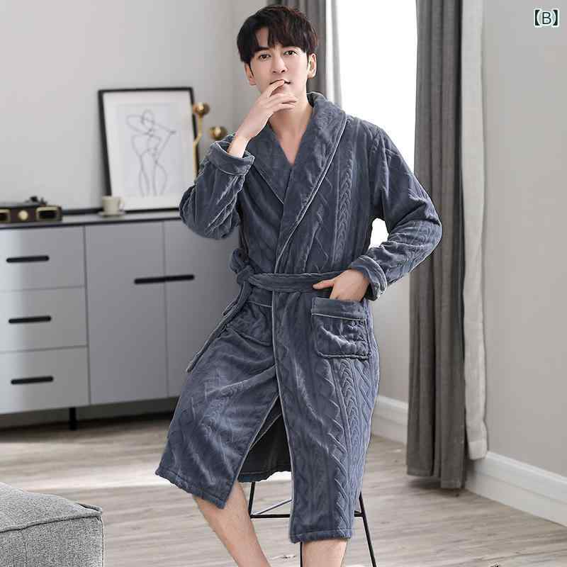 パジャマ メンズ 男性用 紳士用 冬用 珊瑚フリース 厚手 フランネル バスローブ 寝間着 リラックス 部屋着 あったか 防寒 Vネック ポリエステル