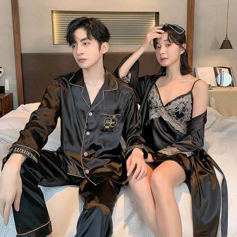 パジャマ レディース メンズ 春夏 シルク風 長袖 セットアップ 接触冷感 浴衣 涼しい ルームウェア 寝間着 部屋着 上下セット ブラック 黒 レッド 赤 ホワイト 白