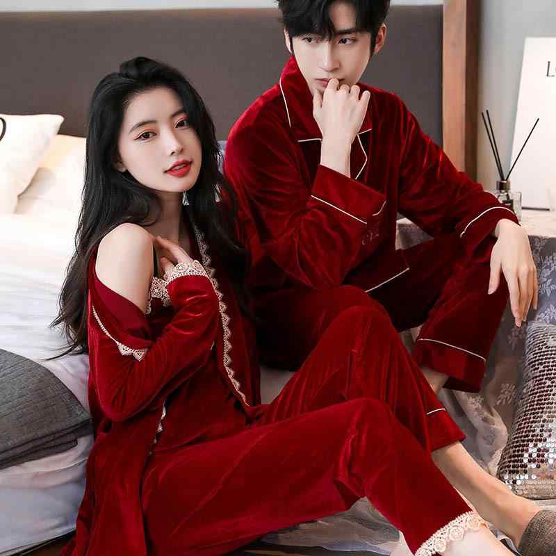 パジャマ レディース メンズ 金糸ベロア 秋冬 上下セット 長袖 長ズボン 3点セット 部屋着 寝間着 ルー..