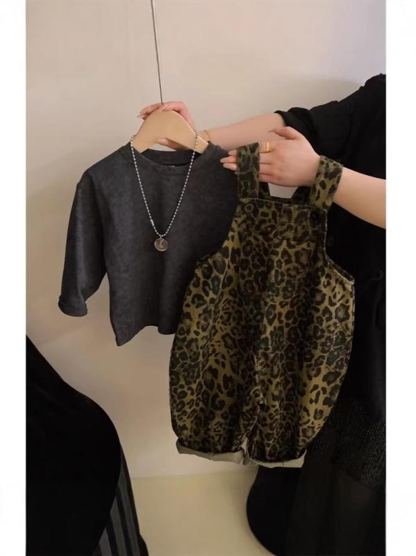 キッズ セットアップ 秋冬 子供服 長袖Tシャツ ヒョウ柄 サロペット 2点セット コットン 柔らかい 高学年 小学生 中学生 幼児 普段着