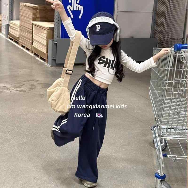 子供用パンツ 春秋物 女の子 ワイドレッグ 運動着 韓国風 カジュアルパンツ 長ズボン 普段着 ガールズ 女児 白 紺