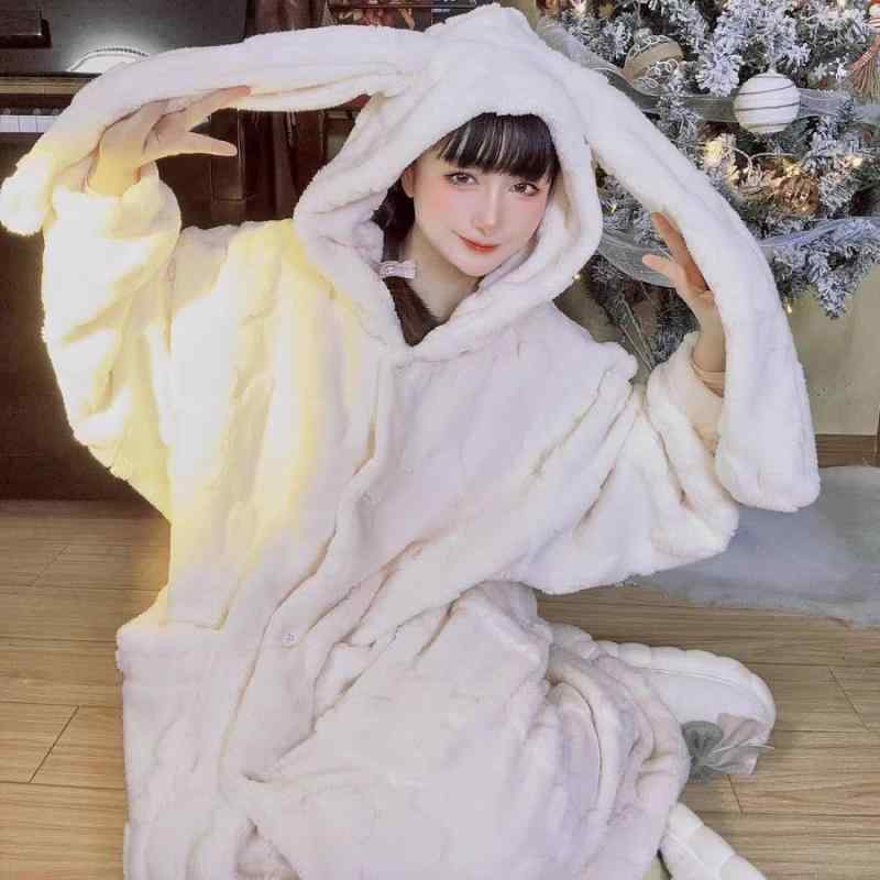 パジャマ レディース 秋冬 かわいい 暖かい サンゴフリース 寝巻き 上下セット 部屋着 ルームウェア 厚手 ポリエステル 長袖 長ズボン フード付き ホワイト