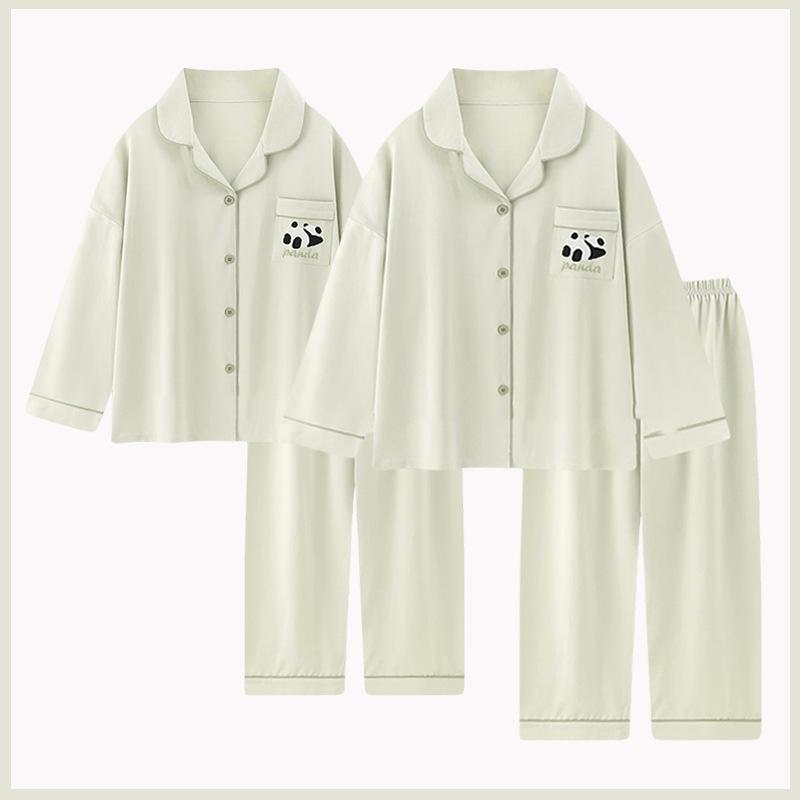 パジャマ レディース メンズ 上下セット 春秋 ルームウェア 抹茶グリーン 熊猫 パンダ柄 長袖 長ズボン 再生繊維 薄手 襟付き かわいい 快適 部屋着 寝間着