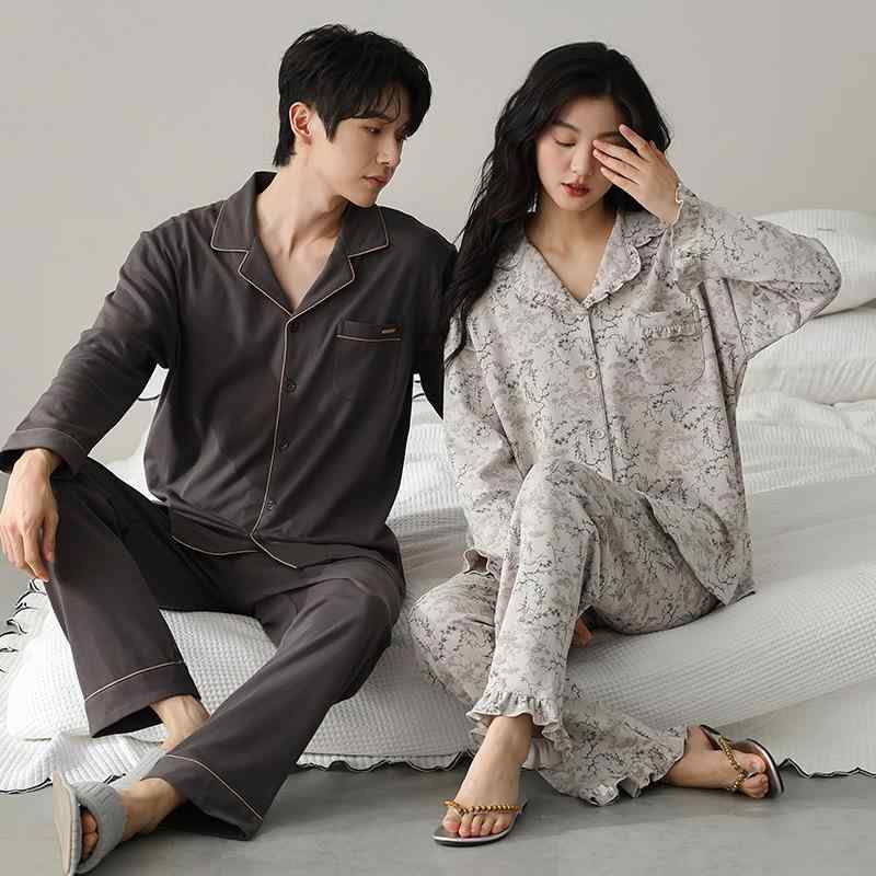 パジャマ レディース メンズ 長袖 綿100% 上下セット 春秋 韓国風 ペア 部屋着 ルームウェア 寝巻き コ..