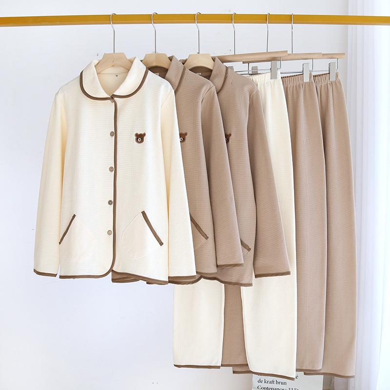 パジャマ レディース メンズ 春夏秋 綿100% ワッフル かわいい 小熊 刺繍 薄手 長袖 長ズボン 上下セッ..