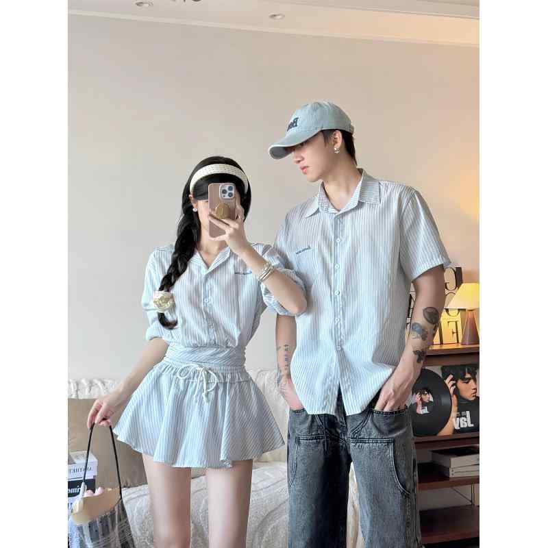 シャツ レディース メンズ 男女兼用 ポリエステル トップス 5分袖 ブラウス パンツ スカート セットアップ きれいめ オフィスカジュアル 春夏