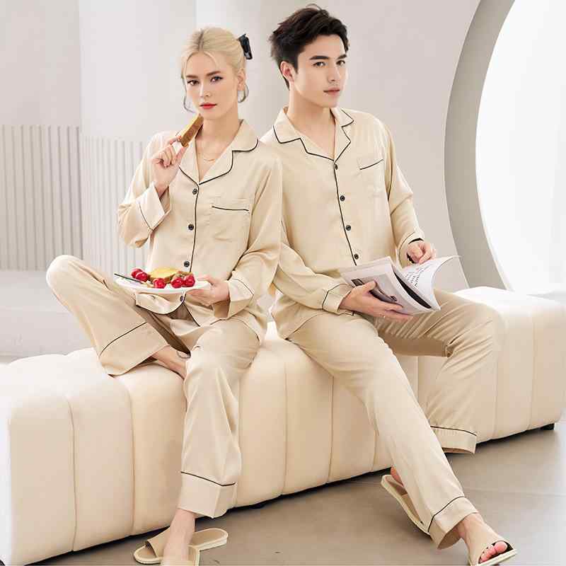 パジャマ レディース メンズ 春秋 接触冷感 長袖 ルームウェア 上下セット 夫婦 ペアルック 薄手 寝巻き 部屋着 リラックスウェア Vネック 無地 シンプル ポリエステル 米ベージュ ワインレッド