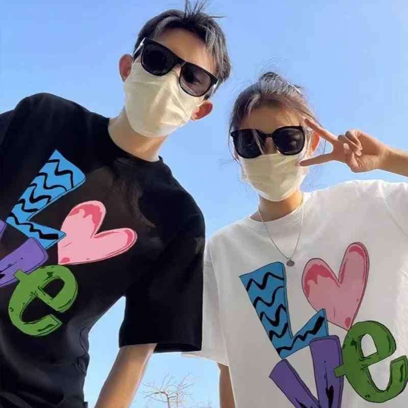 Tシャツ レディース メンズ ストリート カジュアル 半袖 コットン プリント クルーネック 黒 白 春夏