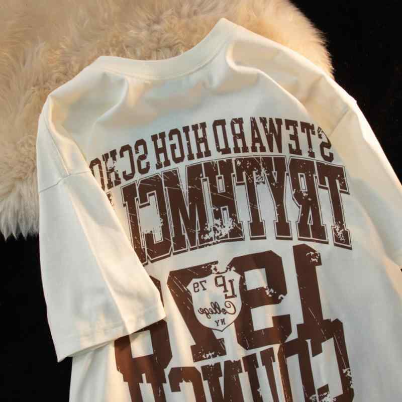 Tシャツ レディース ビッグシルエット 半袖 ゆったり カットソー カジュアル ストリート ヴィンテージ風 プリント オーバーサイズ 白 黒 接触冷感 再生繊維