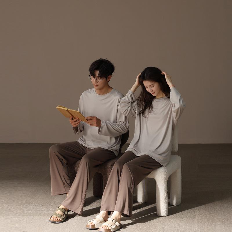 パジャマ レディース メンズ 春秋 上下セット ラウンドネック 長袖 モダール 部屋着 リラックスウェア ..