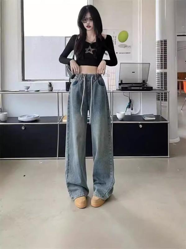 ワイドパンツ 女性用 春夏 高腰 ロング丈 デニム 綿素材 伸縮性 気質 通勤 普段使い 快適 休闲 スタイル 軽量 切り替え デザイン ブルー