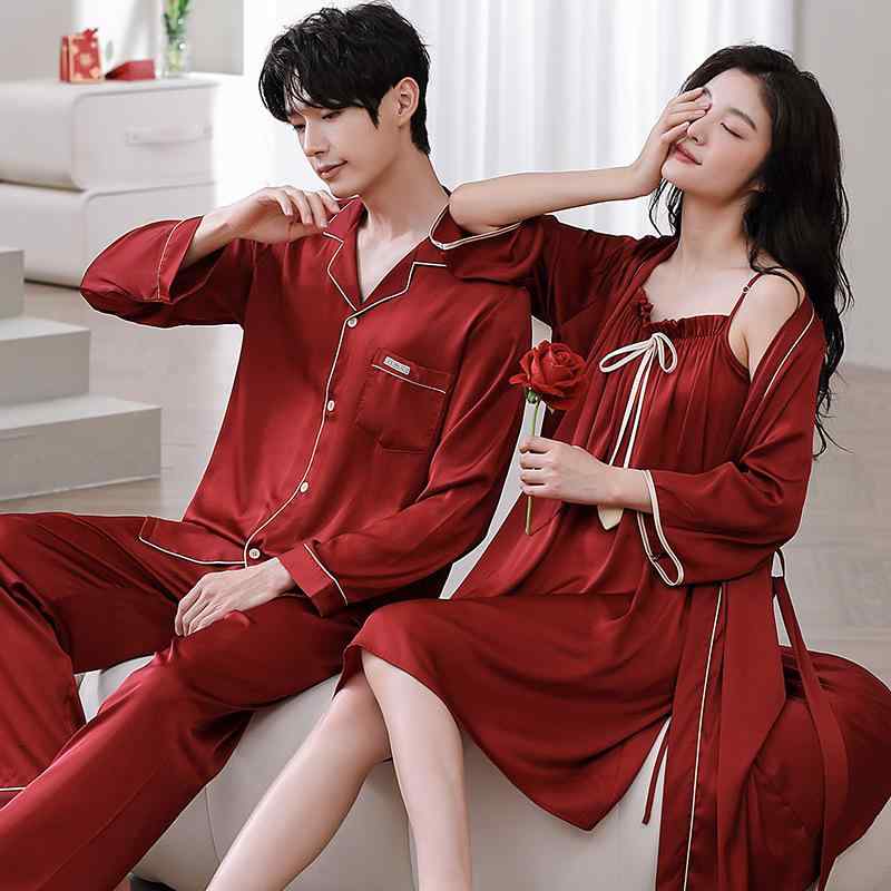 パジャマ レディース メンズ 春夏秋 接触冷感 長袖 セットアップ 部屋着 ルームウェア 寝間着 ポリエステル 涼しい 通気性 快適 夫婦 ペア 結婚祝い ホテル 婚慶影楼(4.0)