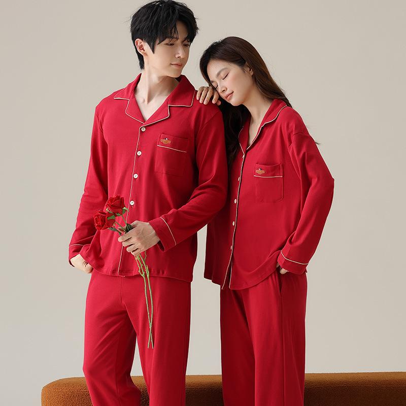 パジャマ レディース メンズ カップル 春秋 綿 胸パッド付き ルームウェア 結婚祝い 新婚祝い 赤色 本..
