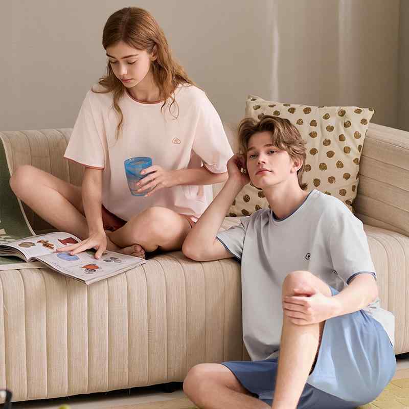 パジャマ レディース メンズ 春秋 半袖 短パン 上下セット 綿 薄手 ルームウェア 部屋着 寝間着 接触冷感 吸湿 通気性 快適 浅ピンク 浅グレー