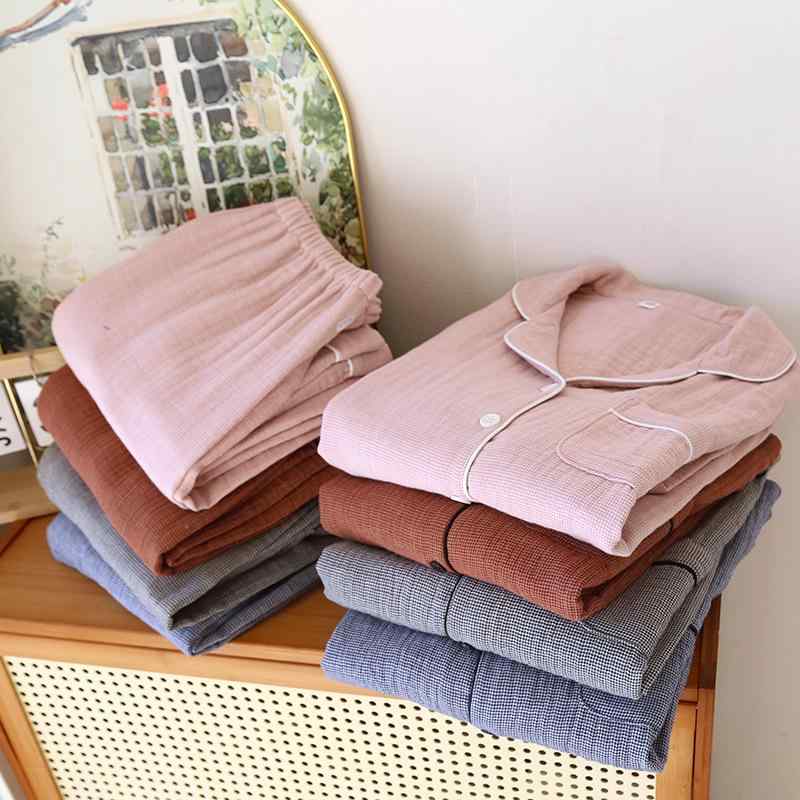 パジャマ レディース メンズ 四重ガーゼ 綿100％ 長袖 春夏 薄手 格子柄 襟付き ルームウェア 上下セット 部屋着 寝間着 通気性 快適