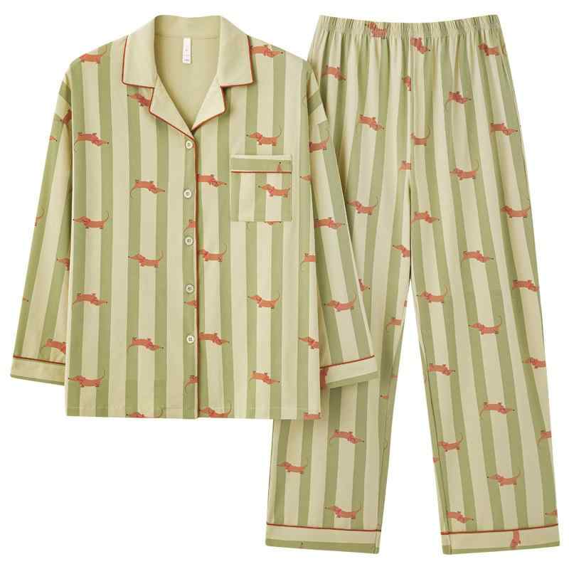 パジャマ カップル 春秋 長袖 長ズボン 綿 開襟 ダックスフント レディース メンズ ペア ホームウェア ..