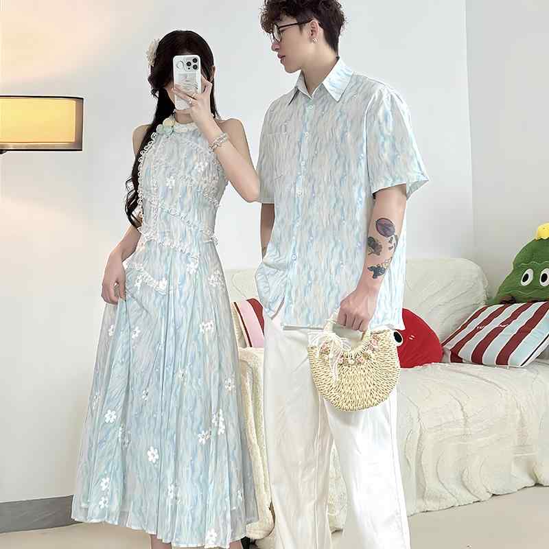 ワンピース レディース 春夏 リゾート 海 吊りスカート 抽象柄 チュニック ノースリーブ 膝丈 ミモレ丈 マキシ丈 シフォン 通勤 エレガント スタイル