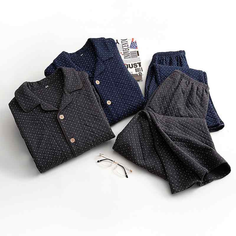 メンズ パジャマ 上下セット 長袖 長ズボン 綿 暖か 秋冬 厚手 Vネック ドット柄 ルームウェア 部屋着 寝間着