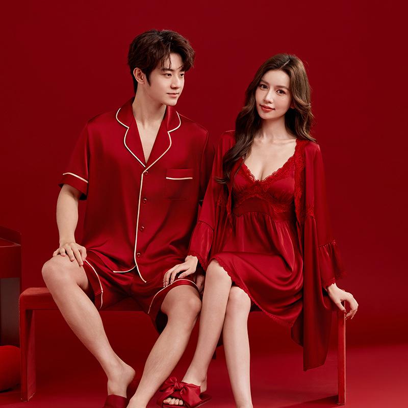 パジャマ レディース メンズ 春夏 セットアップ シルク風 接触冷感 半袖 長ズボン カップル 結婚祝い 新婚 部屋着 ルームウェア 寝巻き 赤色 Vネック 上下セット 涼しい 薄手 快適 普段使い 浴場 ホテル