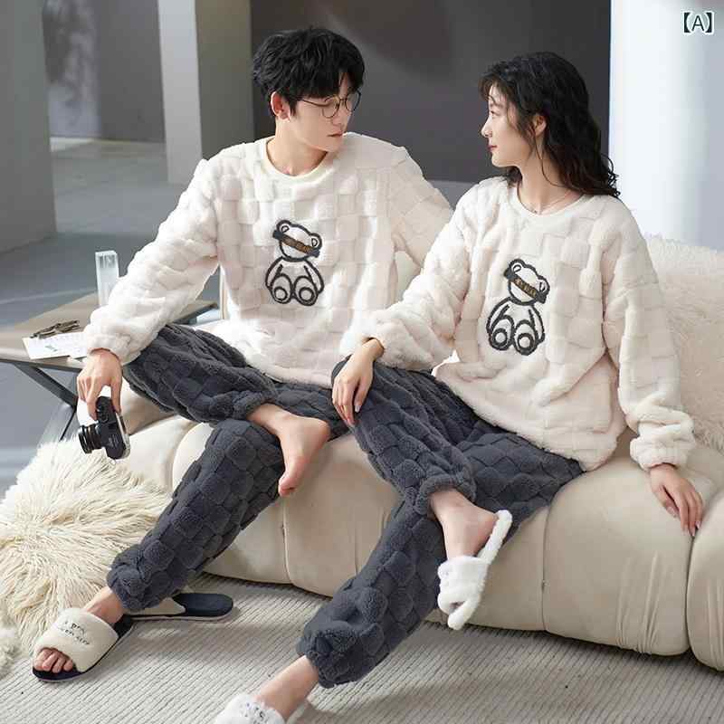 パジャマ カップル 秋冬用 厚手 暖かい サンゴフリース ペア 上下セット ルームウェア 寝間着 長袖 部屋着 ポリエステル かわいい