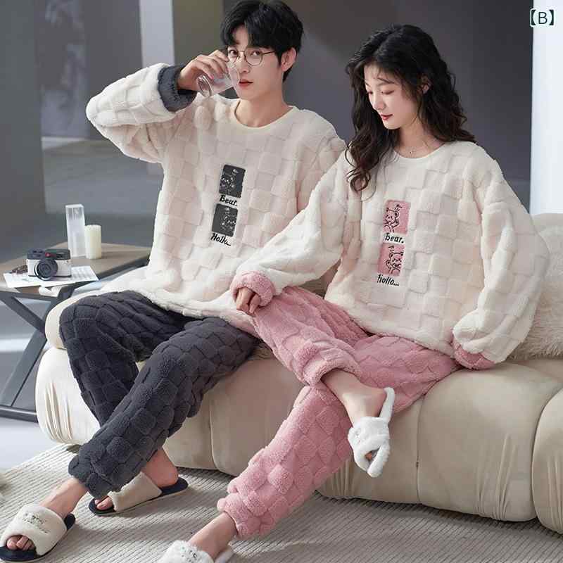パジャマ カップル 秋冬用 厚手 暖かい サンゴフリース ペア 上下セット ルームウェア 寝間着 長袖 部屋着 ポリエステル かわいい